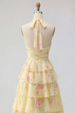 Halter A Line Butter Yellow Floral Prom Dress with Ruffles