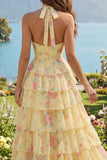 Halter A Line Butter Yellow Floral Prom Dress with Ruffles