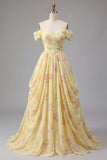 Ruched Off the Shoulder A Line Butter Yellow Floral Prom Dress