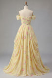 Ruched Off the Shoulder A Line Butter Yellow Floral Prom Dress