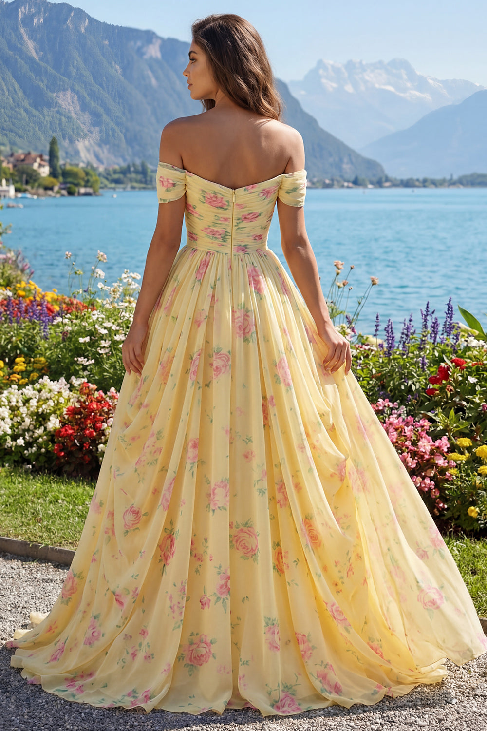 Ruched Off the Shoulder A Line Butter Yellow Floral Prom Dress