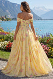 Ruched Off the Shoulder A Line Butter Yellow Floral Prom Dress