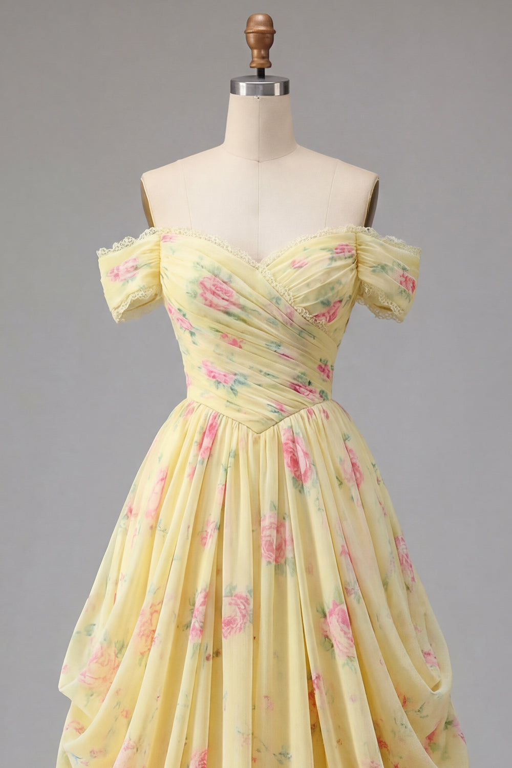 Ruched Off the Shoulder A Line Butter Yellow Floral Prom Dress