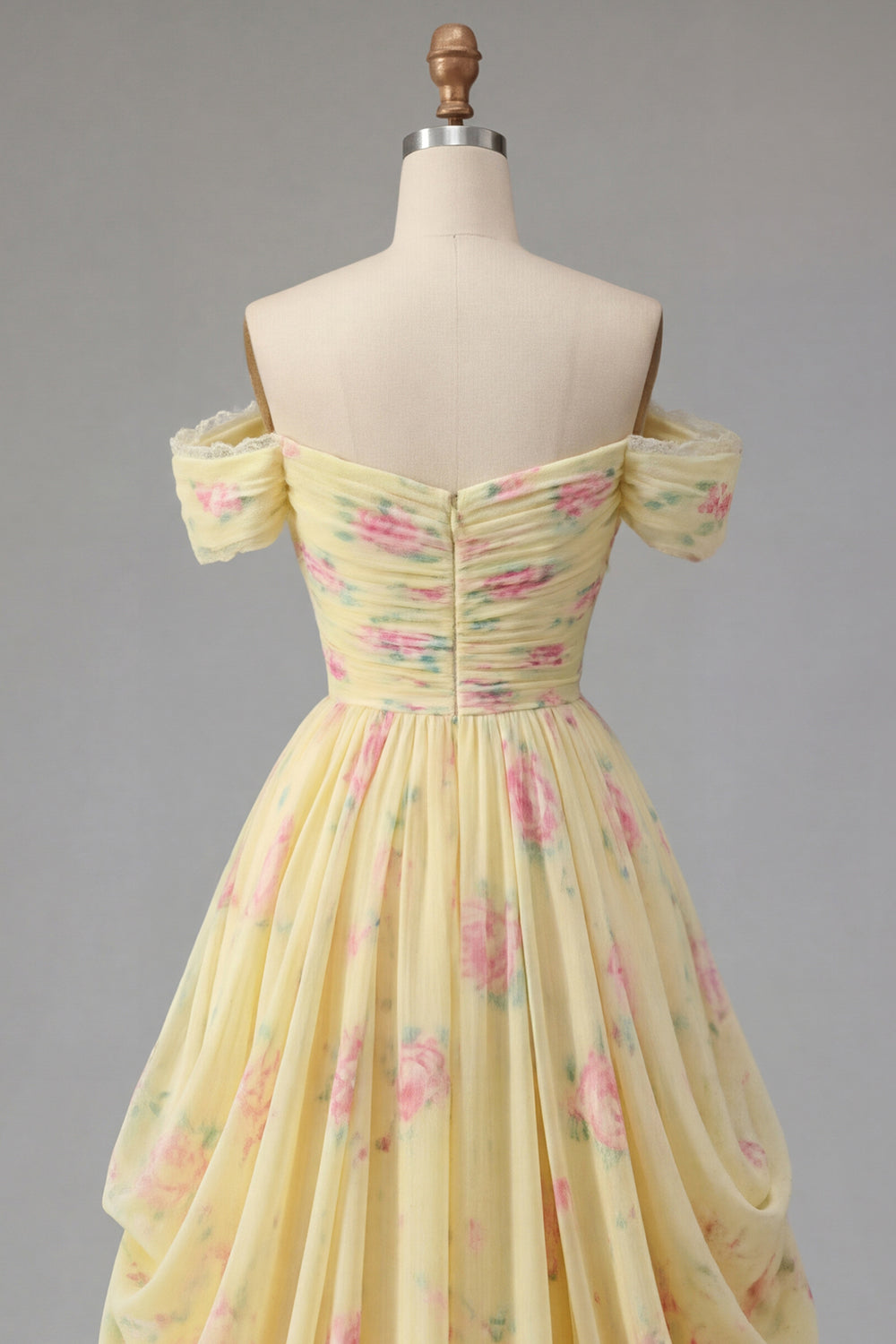 Ruched Off the Shoulder A Line Butter Yellow Floral Prom Dress
