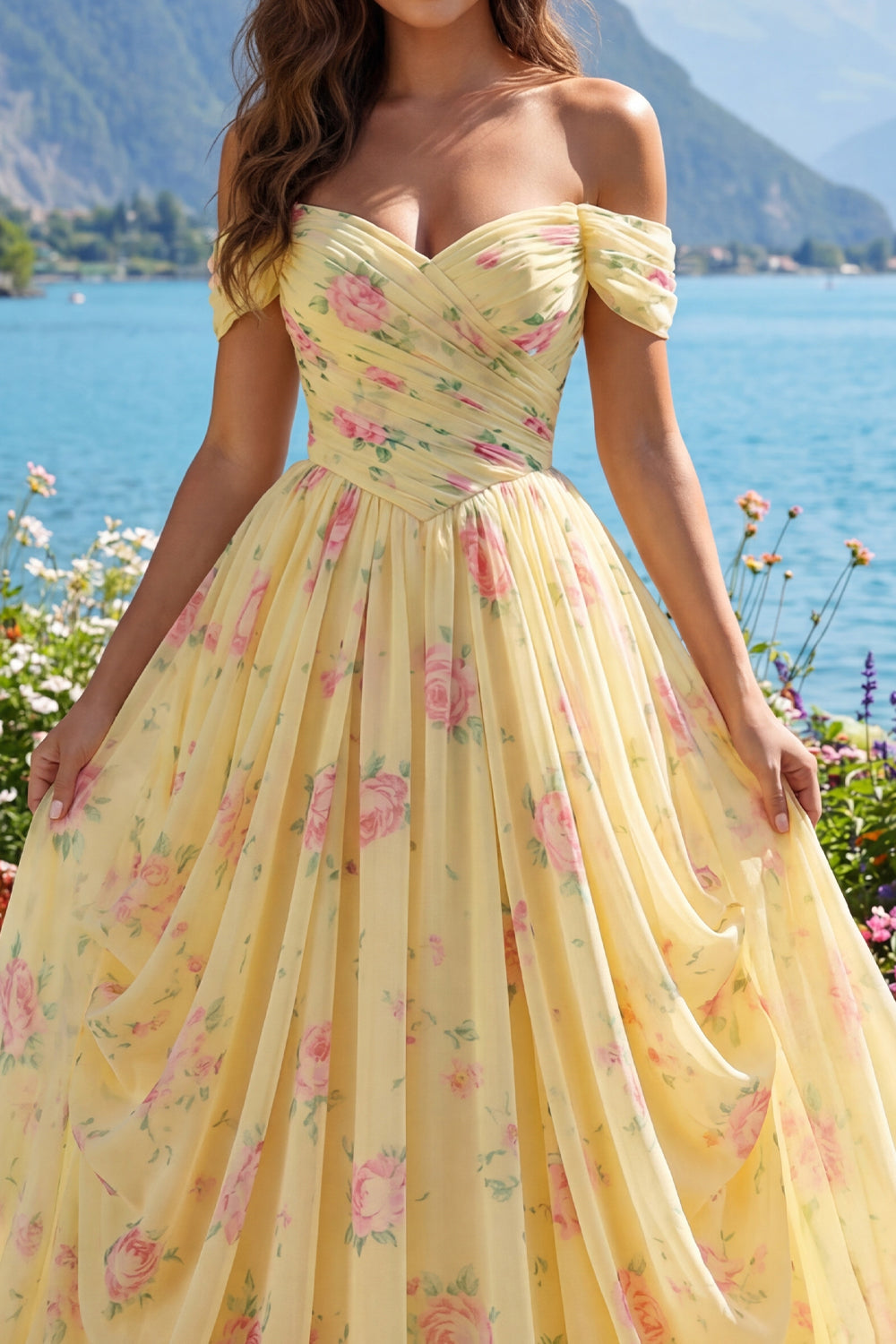 Zapaka Women Yellow Long Prom Dress Ruched Floral Off the Shoulder A Line Pageant Dress, Yellow / US12