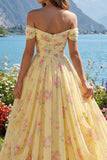 Ruched Off the Shoulder A Line Butter Yellow Floral Prom Dress