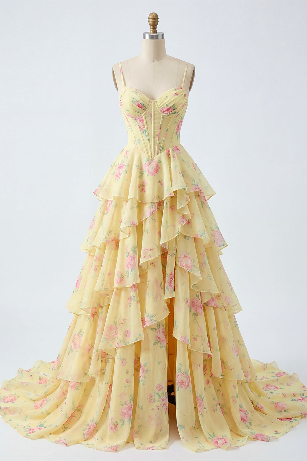 Spaghetti Straps A Line Butter Yellow Corset Floral Prom Dress with Ruffles