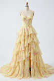 Spaghetti Straps A Line Butter Yellow Corset Floral Prom Dress with Ruffles