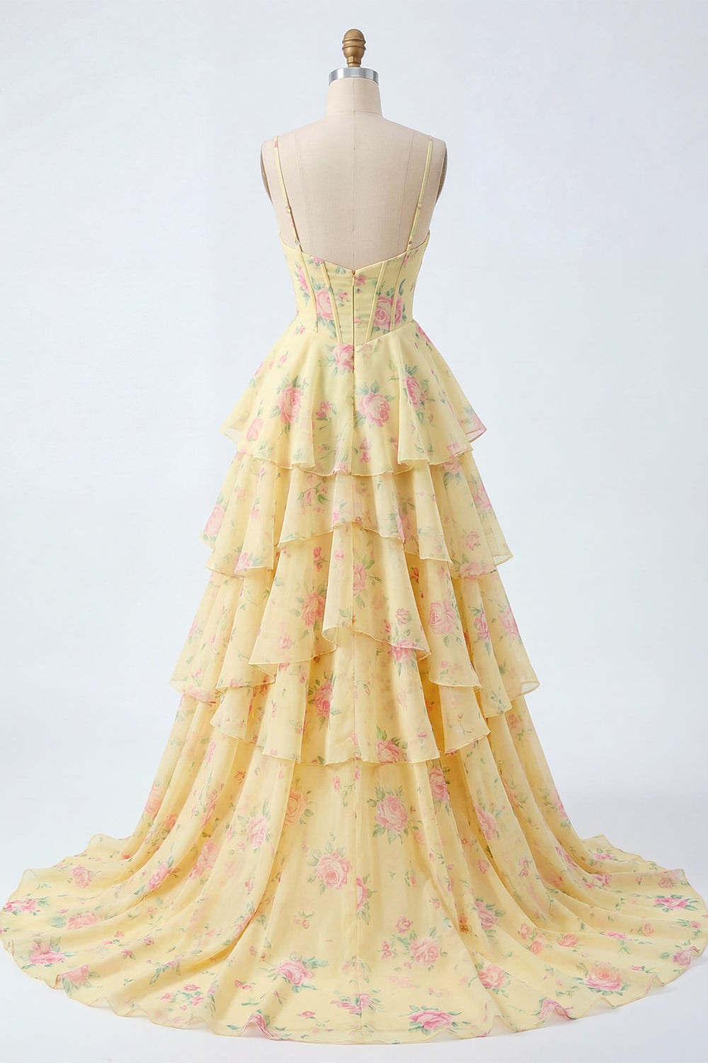 Spaghetti Straps A Line Butter Yellow Corset Floral Prom Dress with Ruffles