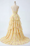 Spaghetti Straps A Line Butter Yellow Corset Floral Prom Dress with Ruffles