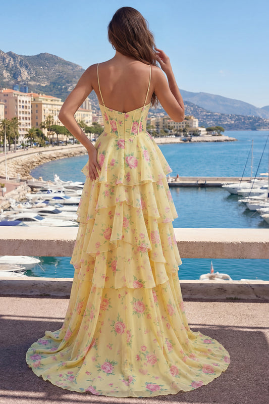 Spaghetti Straps A Line Butter Yellow Corset Floral Prom Dress with Ruffles