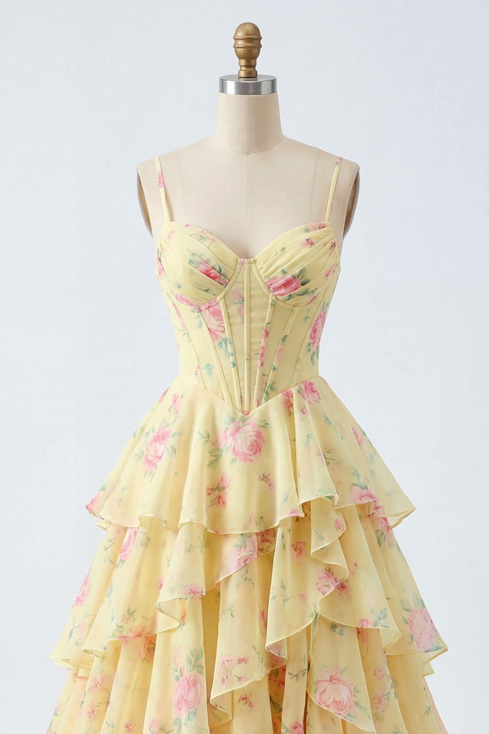 Spaghetti Straps A Line Butter Yellow Corset Floral Prom Dress with Ruffles