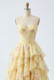 Spaghetti Straps A Line Butter Yellow Corset Floral Prom Dress with Ruffles