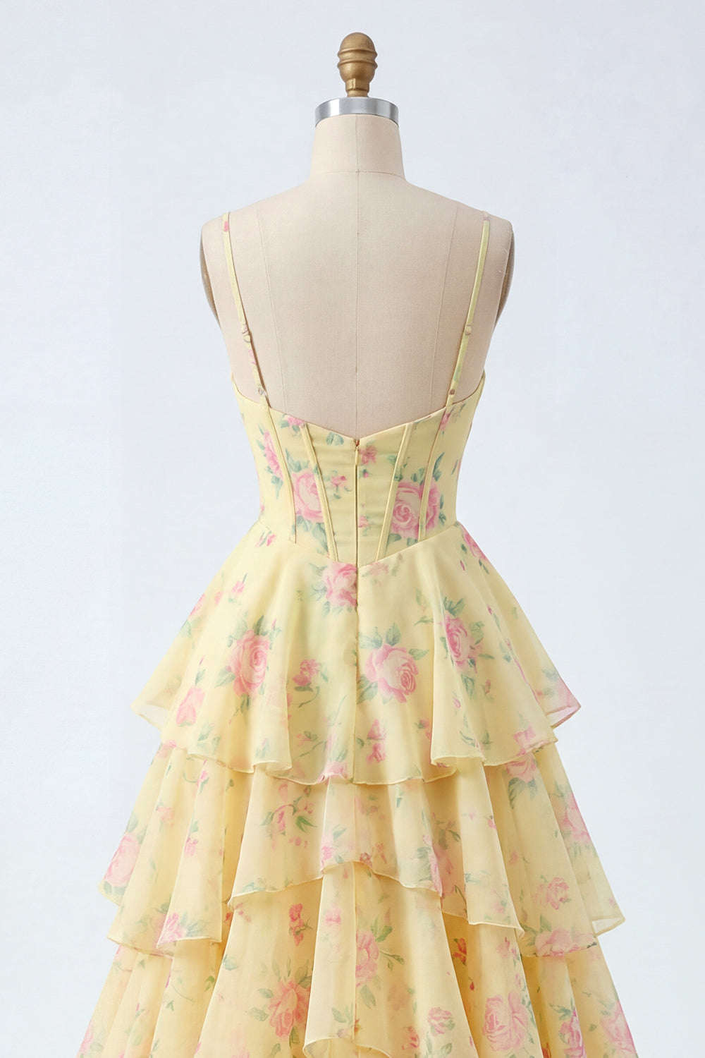 Spaghetti Straps A Line Butter Yellow Corset Floral Prom Dress with Ruffles
