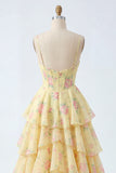 Spaghetti Straps A Line Butter Yellow Corset Floral Prom Dress with Ruffles