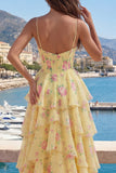 Spaghetti Straps A Line Butter Yellow Corset Floral Prom Dress with Ruffles