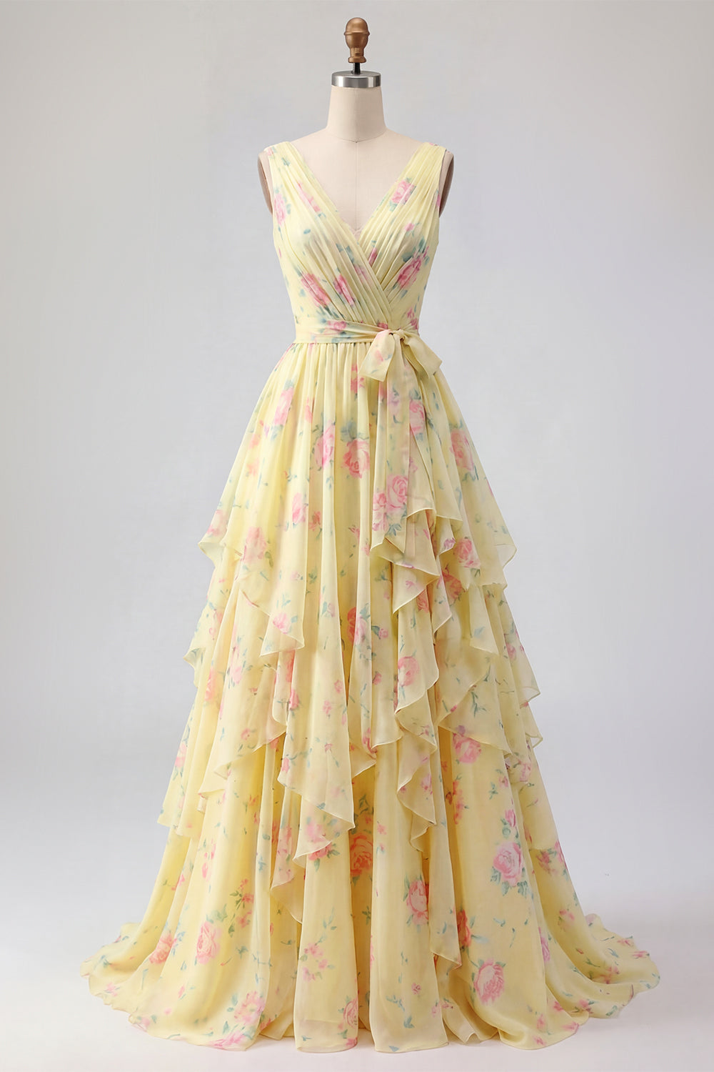 Butter Yellow Floral V-Neck Ruched A Line Prom Dress with Ruffles