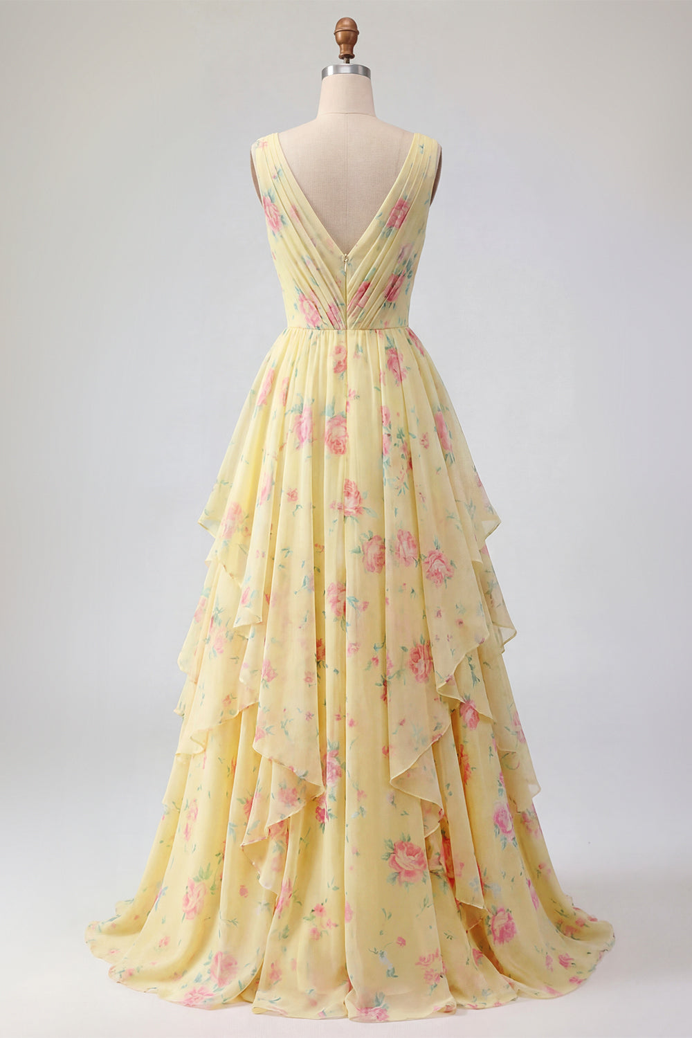 Butter Yellow Floral V-Neck Ruched A Line Prom Dress with Ruffles