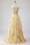 Butter Yellow Floral V-Neck Ruched A Line Prom Dress with Ruffles