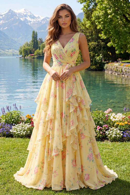Butter Yellow Floral V-Neck Ruched A Line Prom Dress with Ruffles
