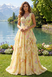 Butter Yellow Floral V-Neck Ruched A Line Prom Dress with Ruffles