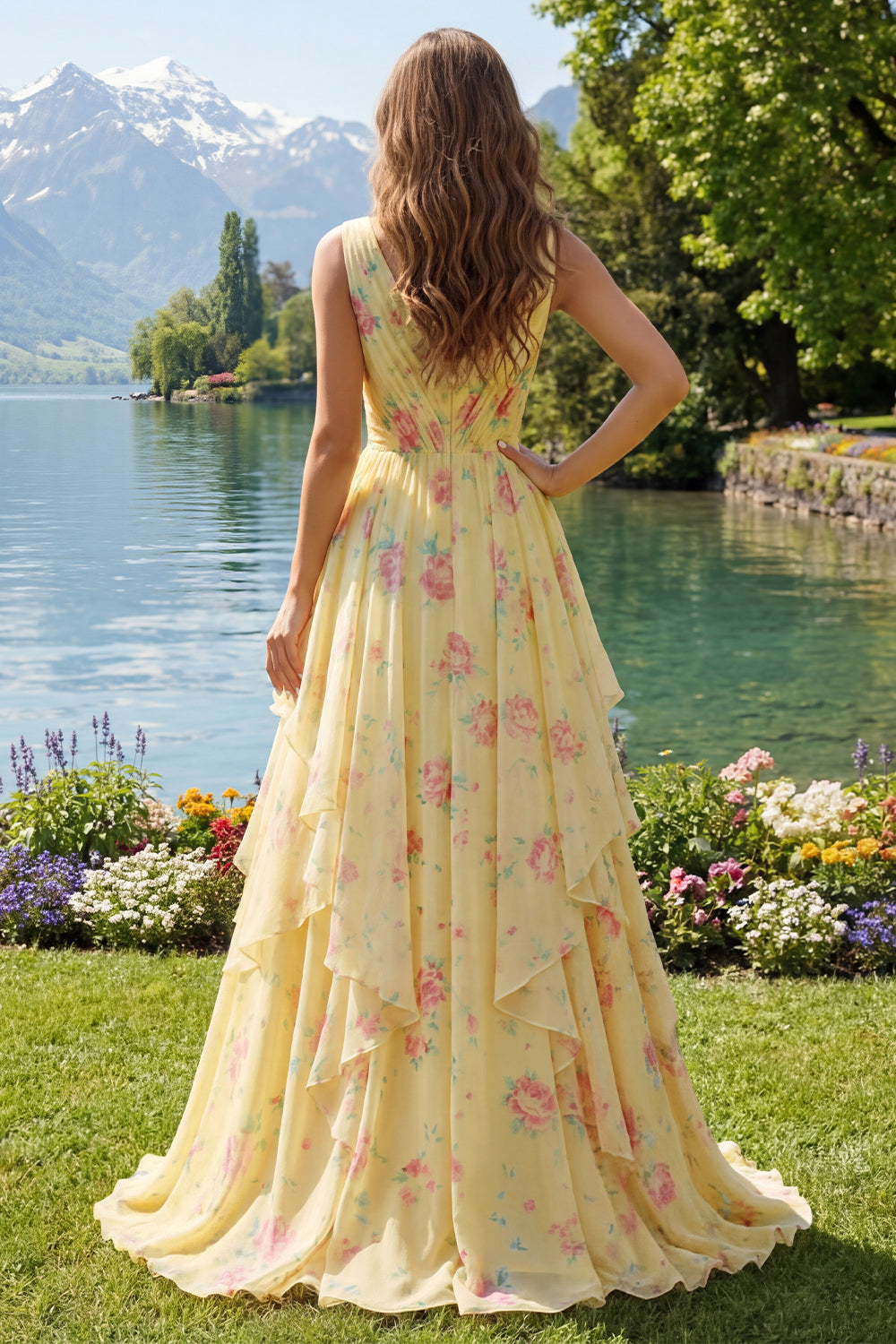 Butter Yellow Floral V-Neck Ruched A Line Prom Dress with Ruffles