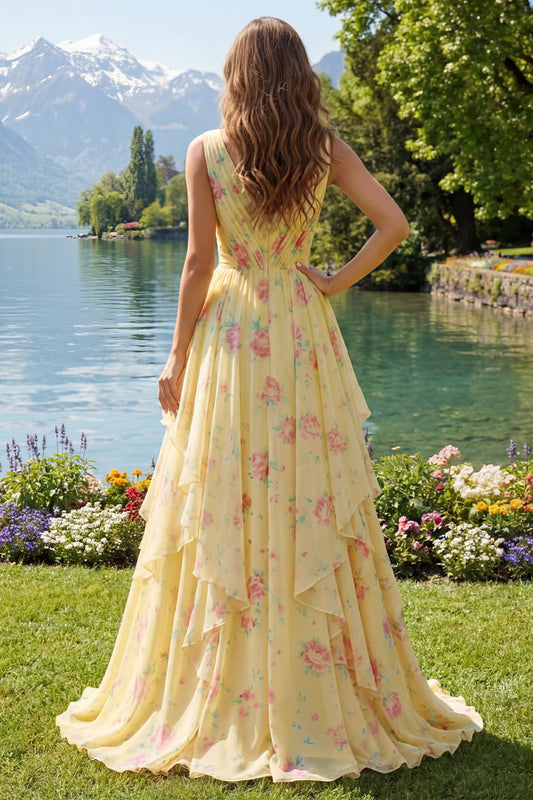 Butter Yellow Floral V-Neck Ruched A Line Prom Dress with Ruffles