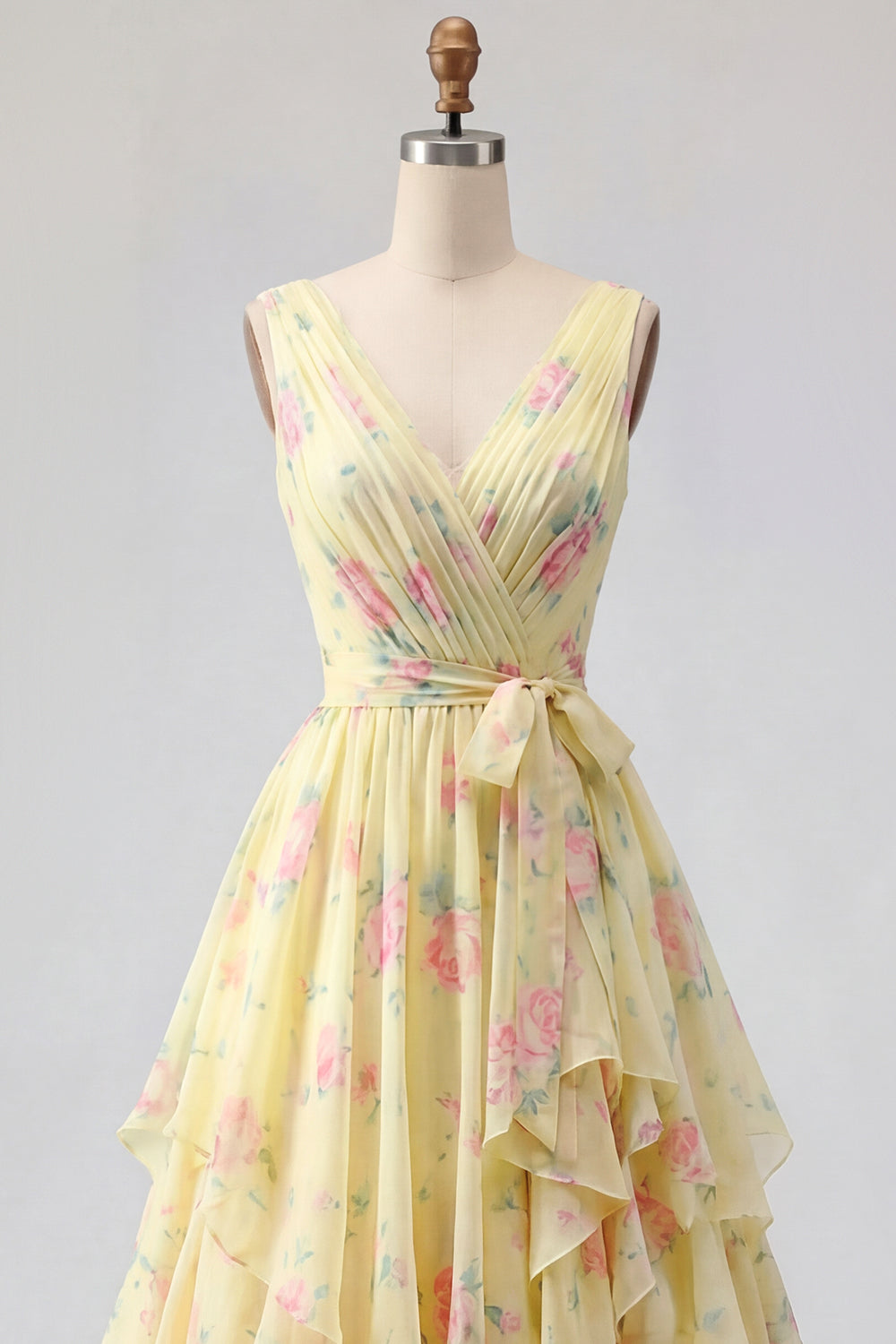 Butter Yellow Floral V-Neck Ruched A Line Prom Dress with Ruffles
