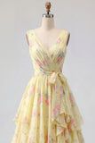 Butter Yellow Floral V-Neck Ruched A Line Prom Dress with Ruffles