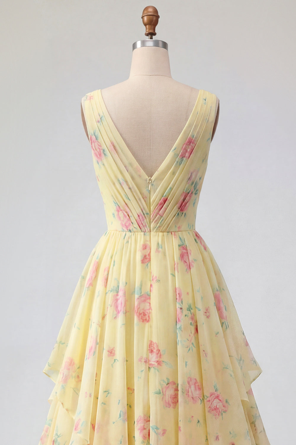 Butter Yellow Floral V-Neck Ruched A Line Prom Dress with Ruffles
