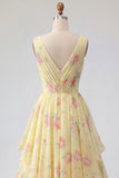 Butter Yellow Floral V-Neck Ruched A Line Prom Dress with Ruffles