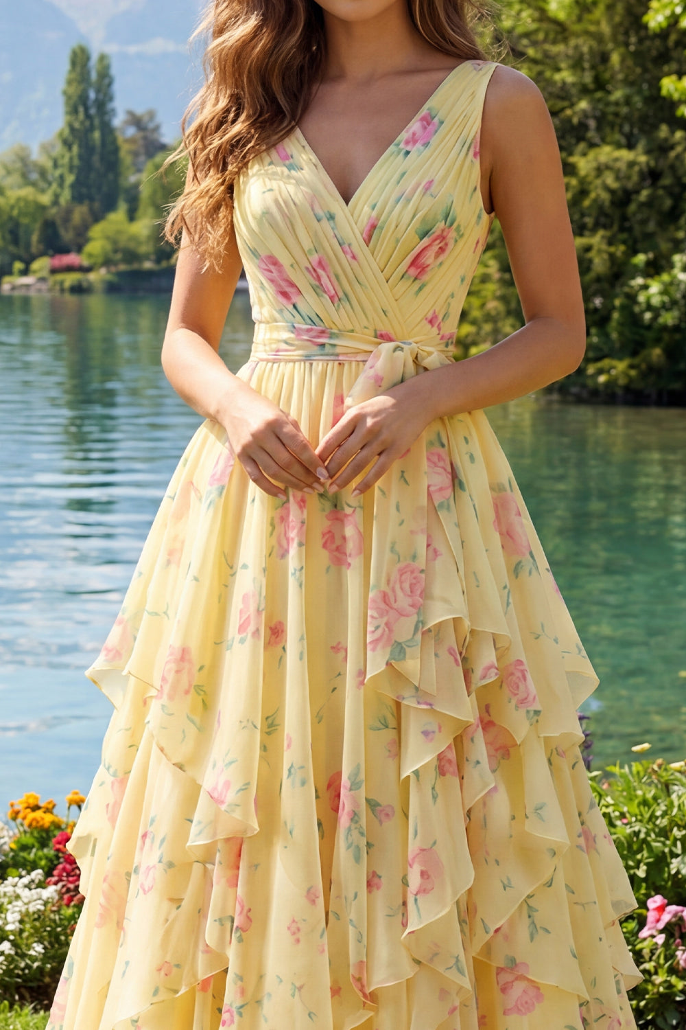Butter Yellow Floral V-Neck Ruched A Line Prom Dress with Ruffles