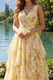 Butter Yellow Floral V-Neck Ruched A Line Prom Dress with Ruffles