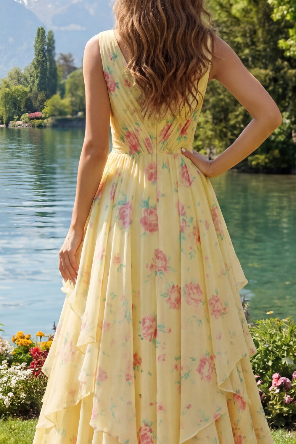 Butter Yellow Floral V-Neck Ruched A Line Prom Dress with Ruffles