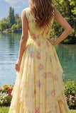 Butter Yellow Floral V-Neck Ruched A Line Prom Dress with Ruffles