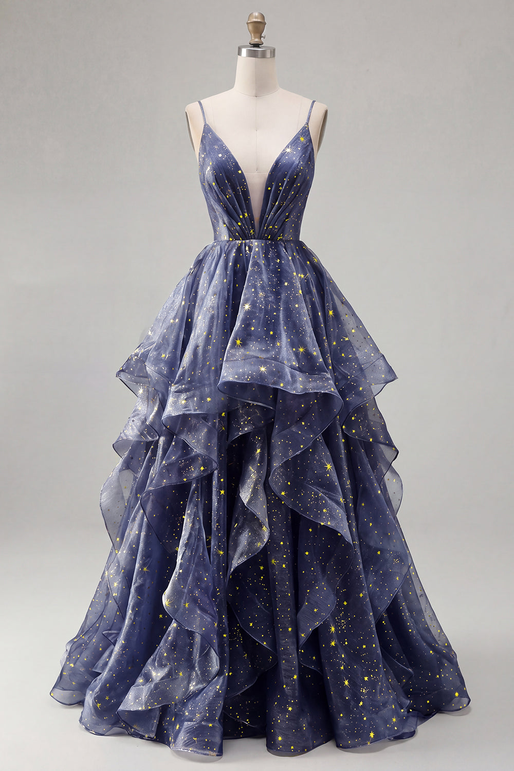 V-Neck Dusty Blue Long Ruched A Line Glitter Prom Dress with Ruffles