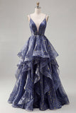 V-Neck Dusty Blue Long Ruched A Line Glitter Prom Dress with Ruffles