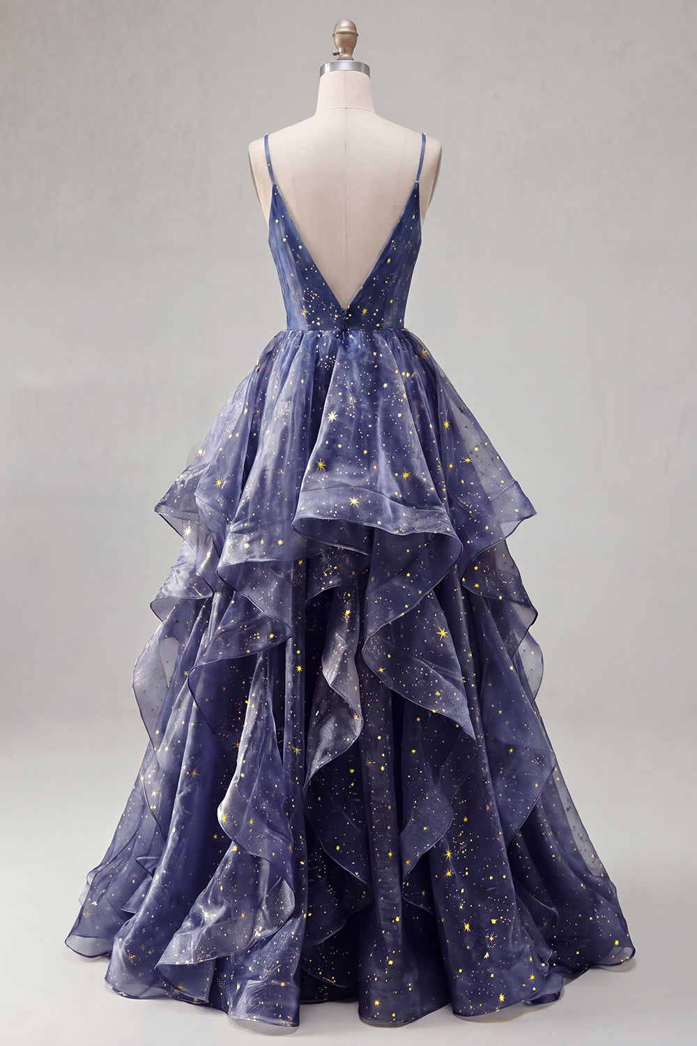 V-Neck Dusty Blue Long Ruched A Line Glitter Prom Dress with Ruffles