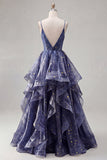 V-Neck Dusty Blue Long Ruched A Line Glitter Prom Dress with Ruffles