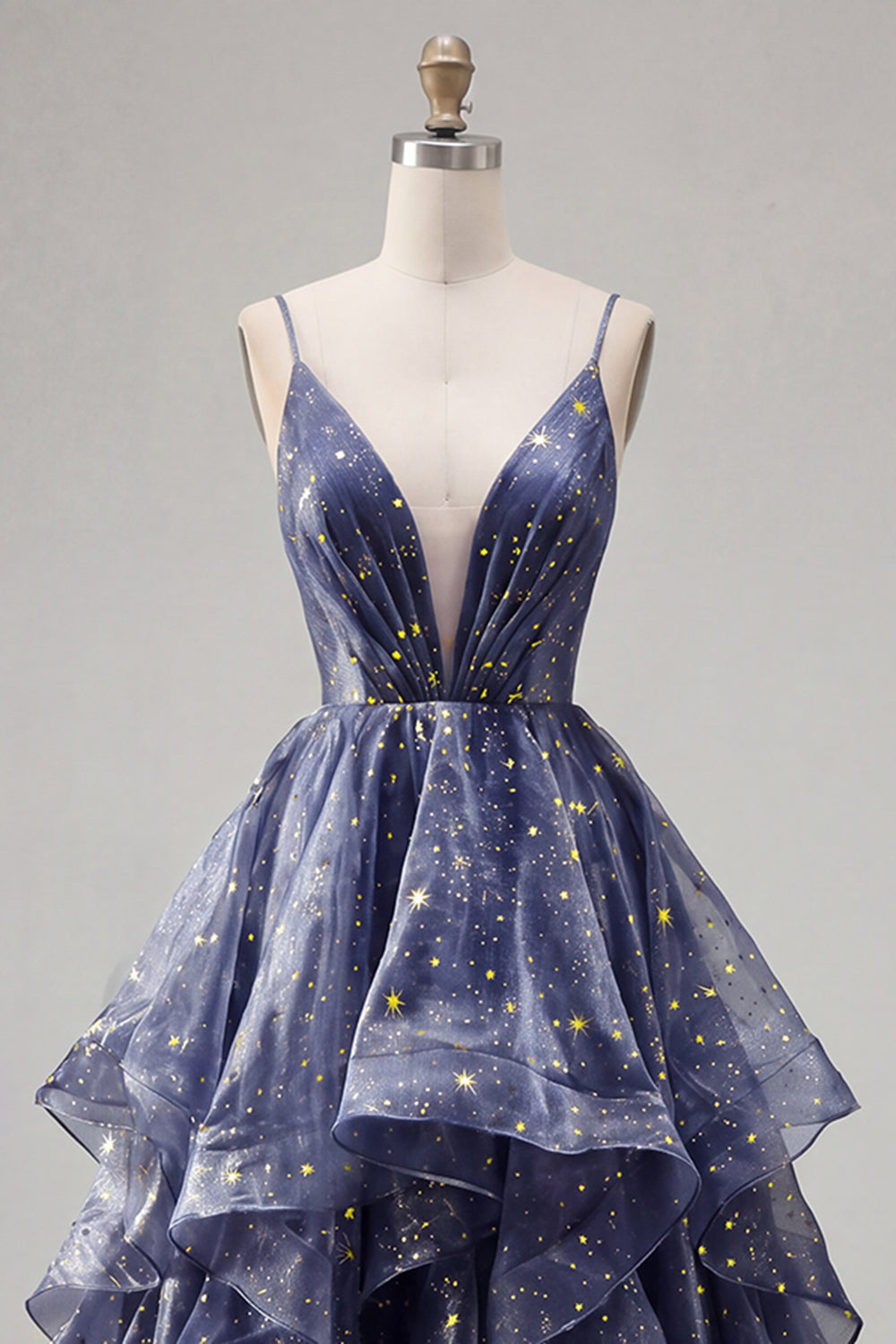 V-Neck Dusty Blue Long Ruched A Line Glitter Prom Dress with Ruffles