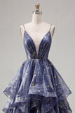 V-Neck Dusty Blue Long Ruched A Line Glitter Prom Dress with Ruffles