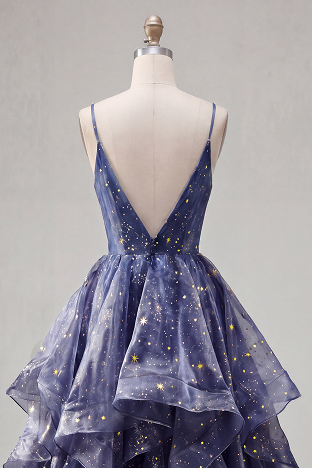 V-Neck Dusty Blue Long Ruched A Line Glitter Prom Dress with Ruffles