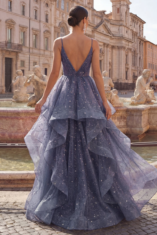 V-Neck Dusty Blue Long Ruched A Line Glitter Prom Dress with Ruffles
