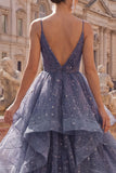 V-Neck Dusty Blue Long Ruched A Line Glitter Prom Dress with Ruffles