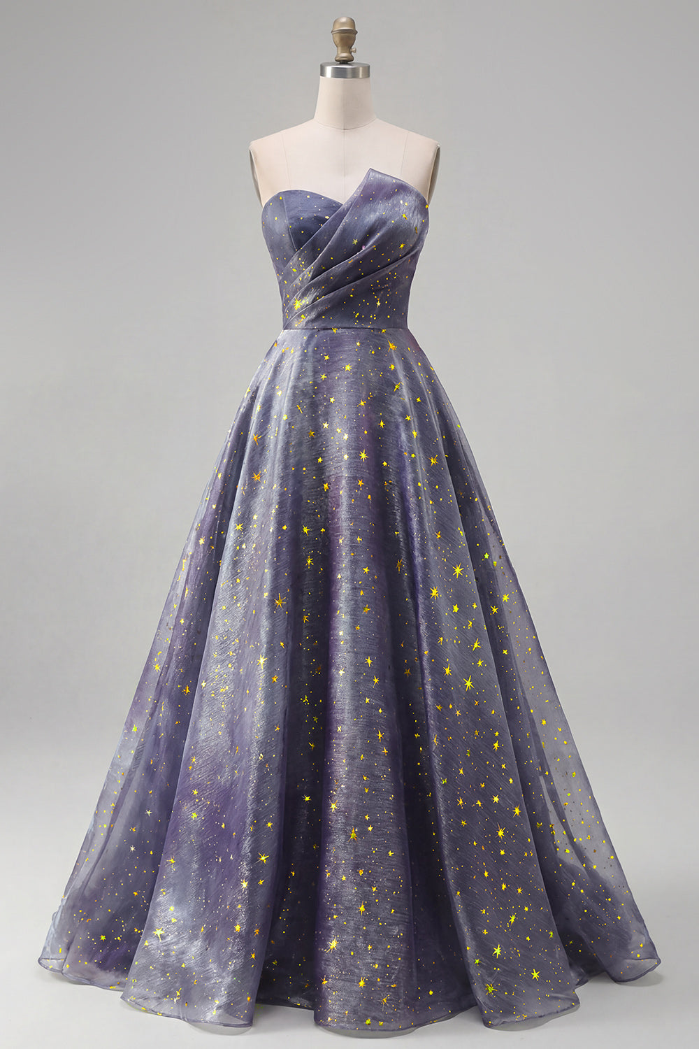Dusty Blue Long Strapless Ruched A Line Glitter Prom Dress