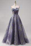 Dusty Blue Long Strapless Ruched A Line Glitter Prom Dress