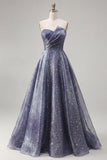 Dusty Blue Long Strapless Ruched A Line Glitter Prom Dress