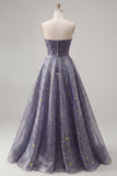 Dusty Blue Long Strapless Ruched A Line Glitter Prom Dress