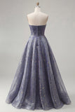 Dusty Blue Long Strapless Ruched A Line Glitter Prom Dress