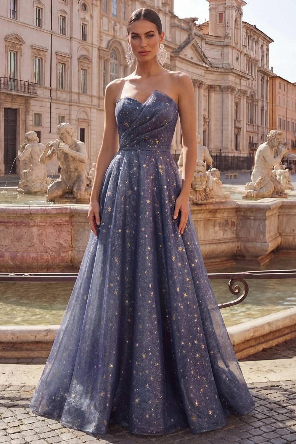 Dusty Blue Long Strapless Ruched A Line Glitter Prom Dress